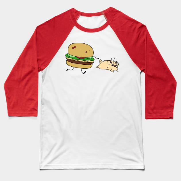 Hamburger Chasing Pug Baseball T-Shirt by saradaboru